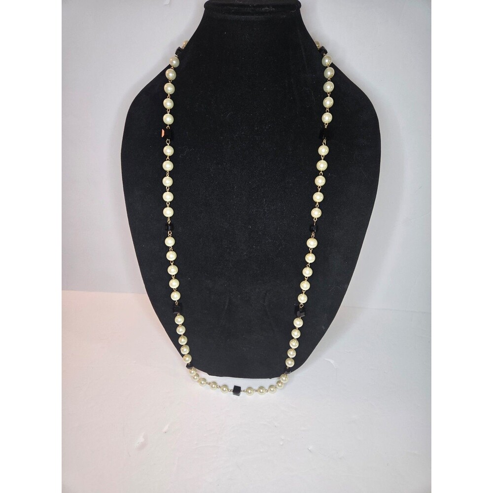 Beaded Necklace Faux Pearls Sparkly Black Faceted Beads Long